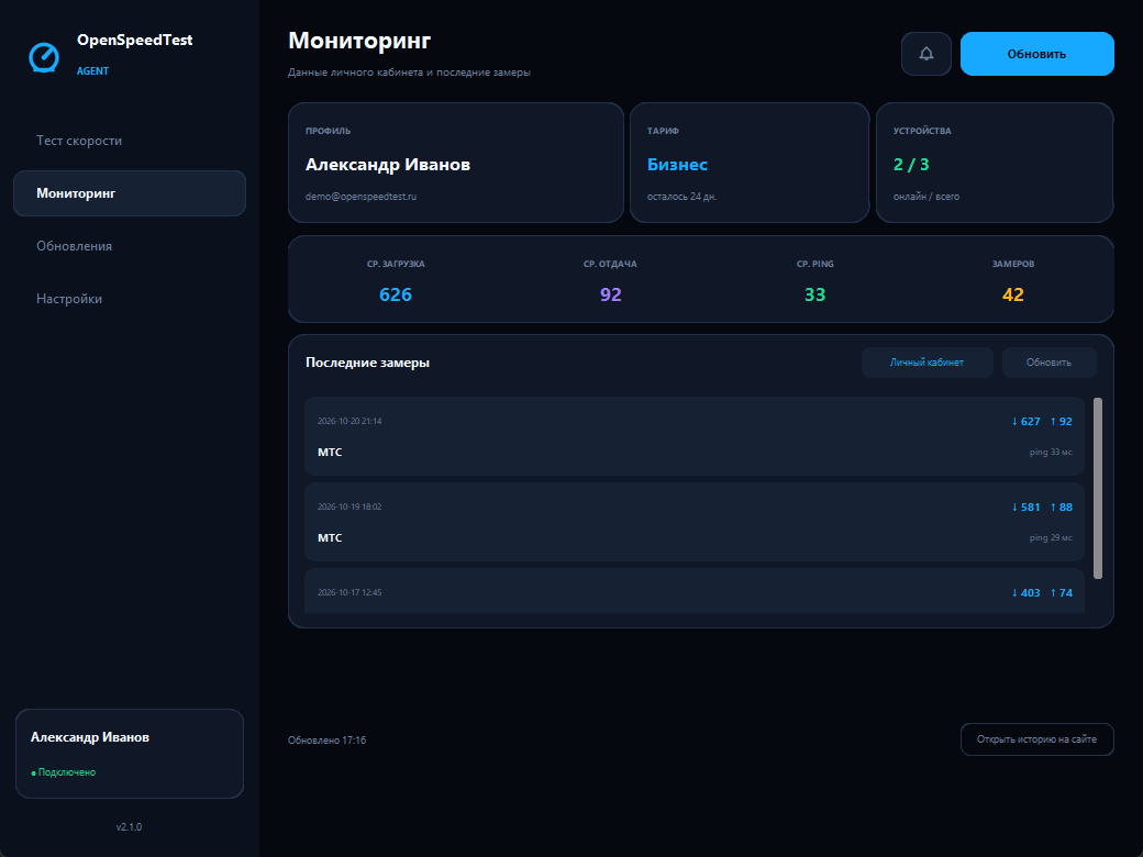 Агент OpenSpeedTest — мониторинг личного кабинета